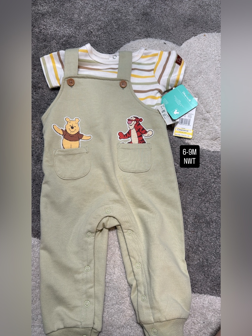 Disney Olive Green Winnie the Pooh & Tigger Overalls with Striped Tee